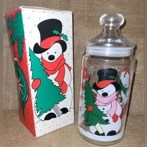 Vintage Glass Christmas Snowman Jar With Airtight Lid ~ Candy, Cookie~ Gift Idea